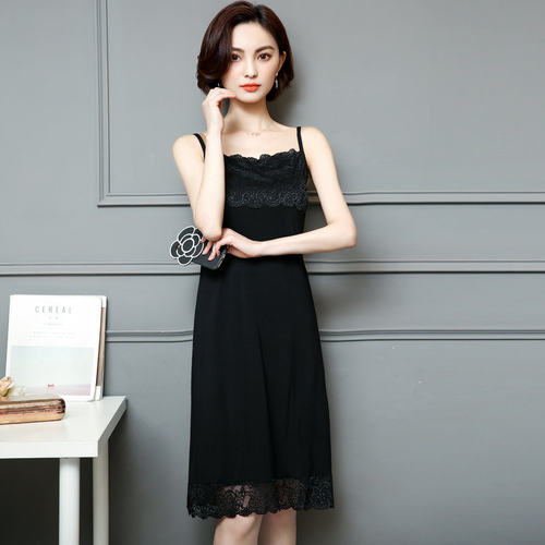 蕾丝吊带裙女中长款春秋内搭打底裙背心长裙外穿黑白色百搭连衣裙 - 图1