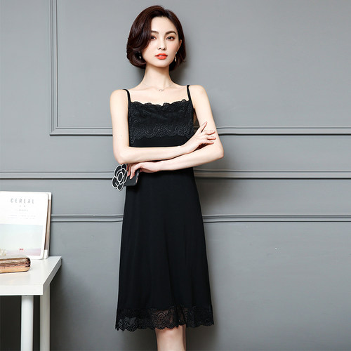 蕾丝吊带裙女中长款春秋内搭打底裙背心长裙外穿黑白色百搭连衣裙 - 图2