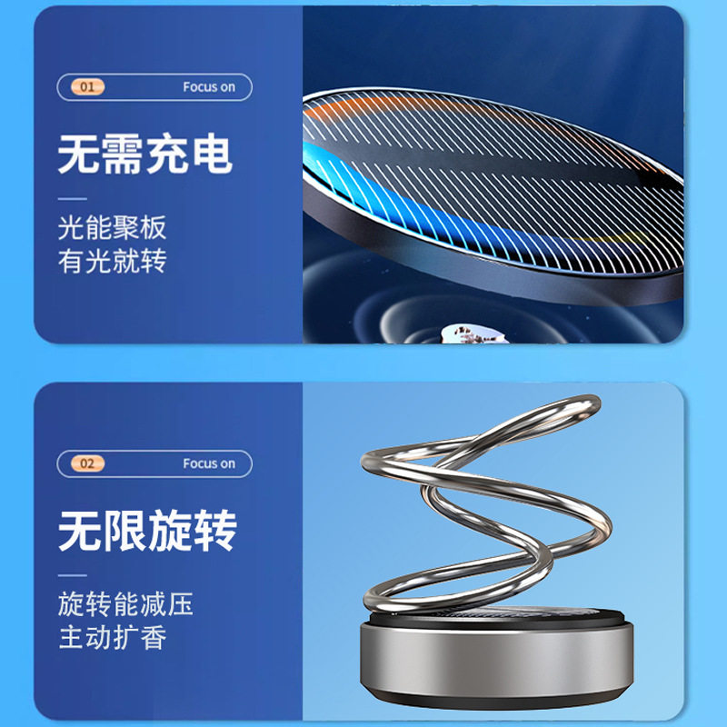 太阳能车载2024新款香薰遇光旋转金属环汽车摆件中控台持久留香氛