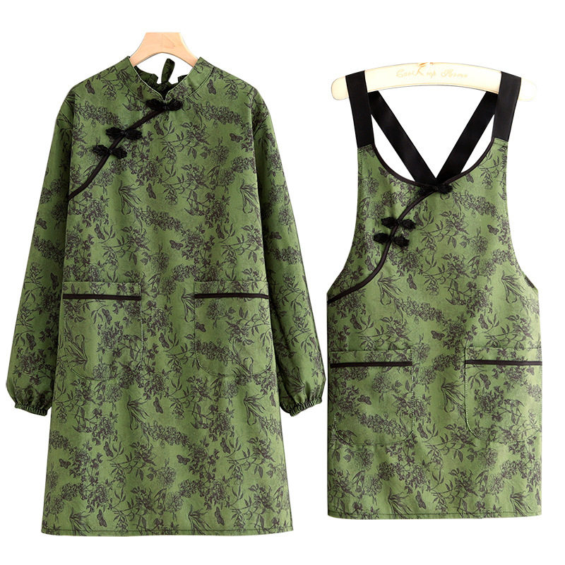 中式帆布长袖围裙时尚防污耐磨外穿成人罩衣餐饮做饭民族风护衣女,淘宝优惠券,粉丝福利购,淘宝优惠卷