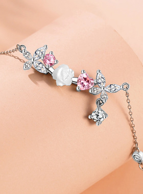 s999足银蝶舞花间原创花朵项链女纯银新款小众高级百搭锁骨链