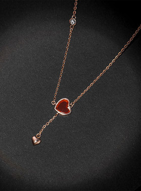 S925色彩红色爱心项链 新款个性心形锁骨链 时尚气质流苏颈链