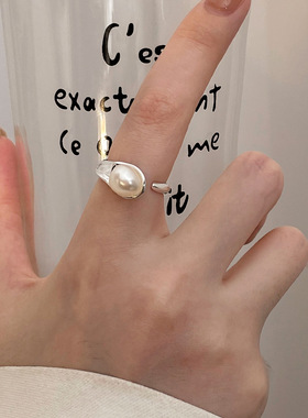 s925珍珠纯银戒指女设计小众轻奢高级感冷淡风ins潮食指开口指环