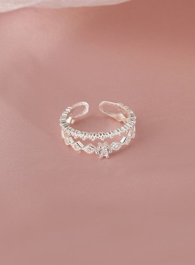 s925纯银双层锆石皇冠戒指女小众设计感甜美开口可调节指环食指戒