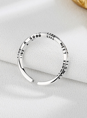 纯银个性复古s925莫比乌斯环英文指环ins风小众气质女款开口戒指