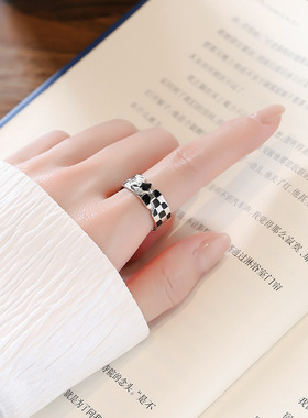 高级感s925棋盘格纯银戒指小众设计锡纸纹理感开口ins风情侣对戒