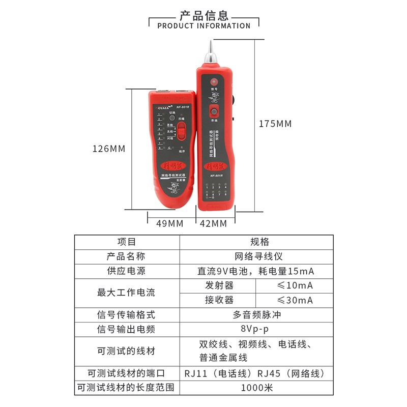 诺方舟精明鼠NF-801R/B寻线仪806网络测线仪网线巡线仪多功能抗干扰查线器268寻线器找线器POE带电寻线 - 图2