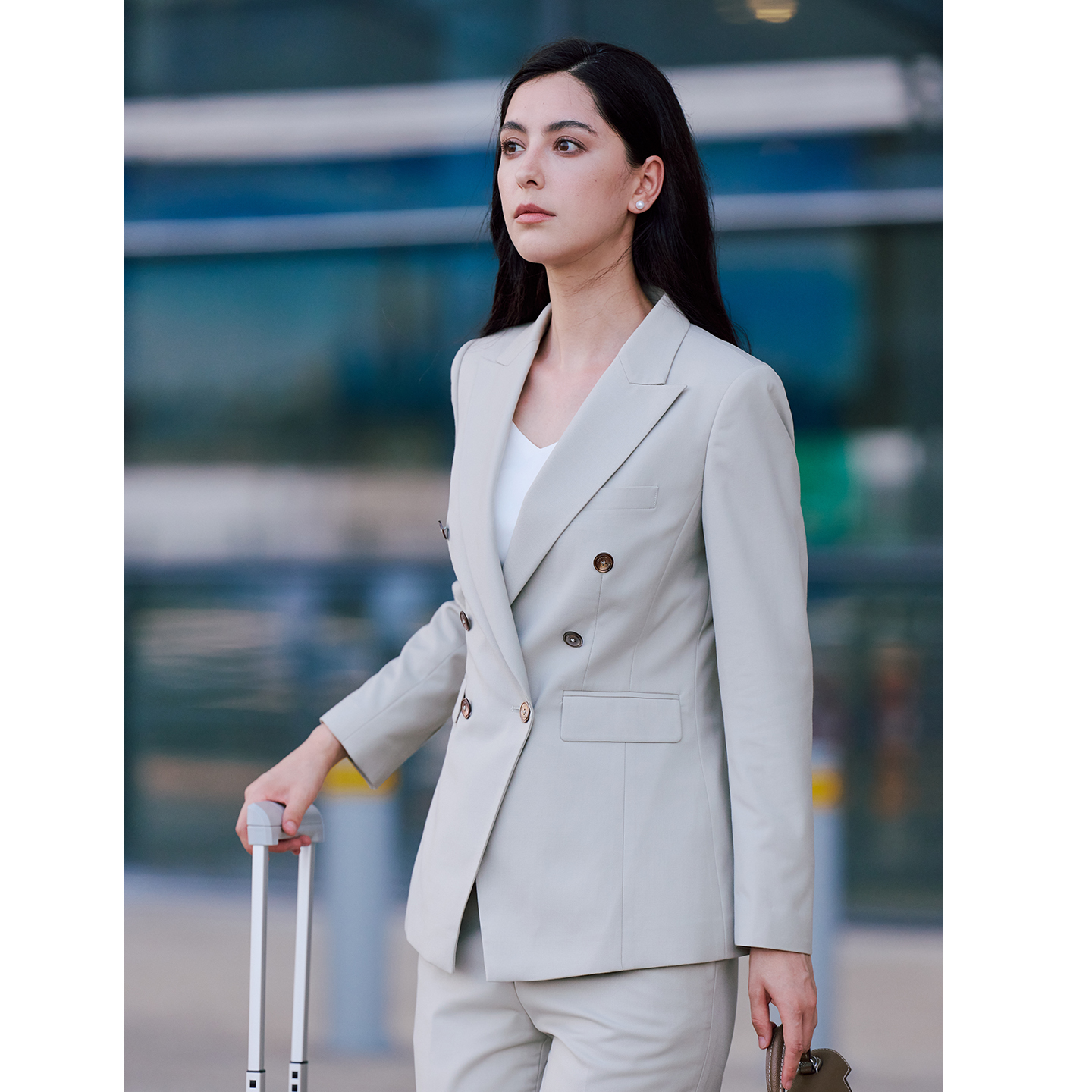 TieForHer 燕麦色双排扣修身职场精致通勤女士高端西服九分裤套装