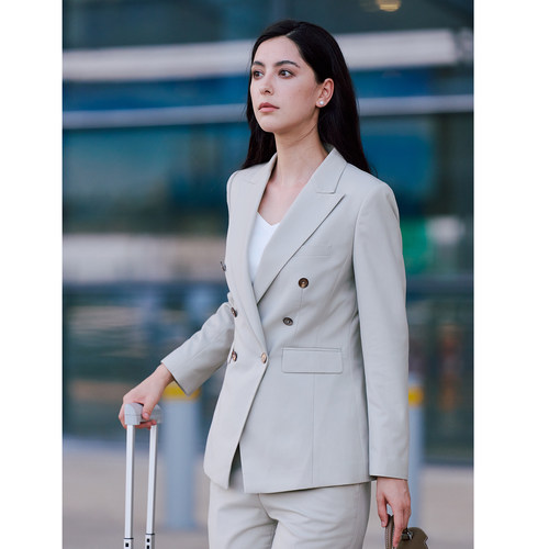 TieForHer Tzee8系列燕麦色双排扣修身通勤职业西装西服套装女 - 图2