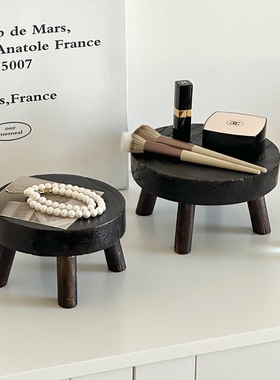 复古木质圆形高脚托盘首饰香薰展示摆件架文艺桌面香水花瓶置物架