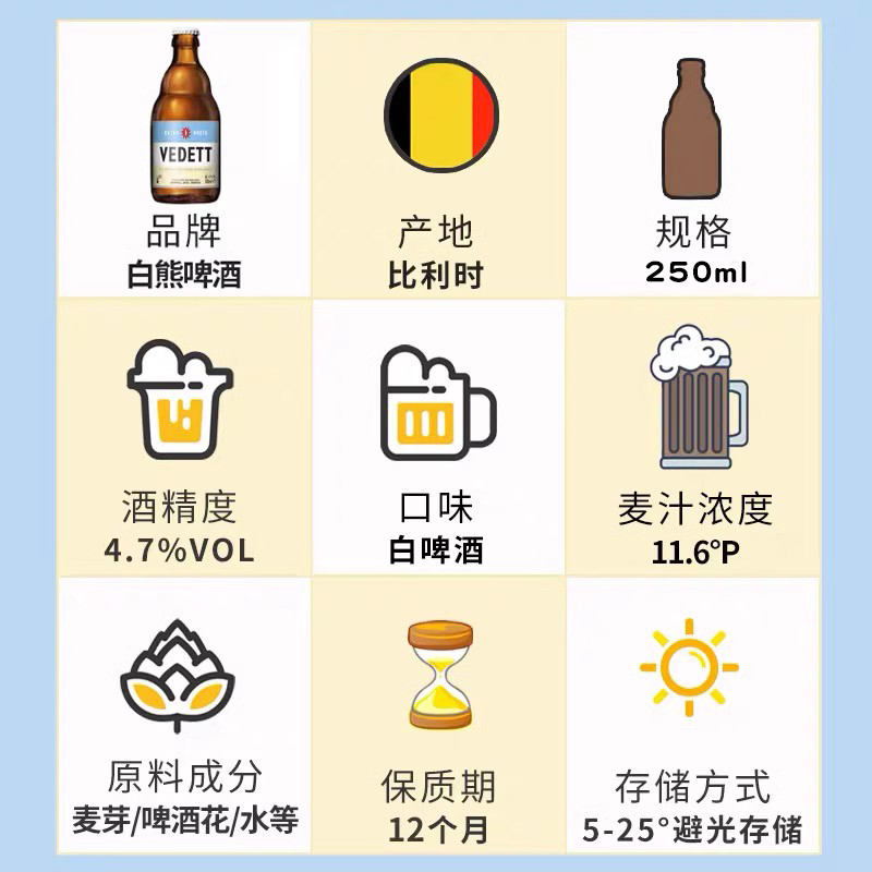 白熊啤酒VEDETT比利时原装进口白熊小麦白精酿啤酒250ml*24瓶整箱 - 图1