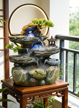假山招财喷泉桌面摆件开业茶室收银前台高山流水生财风水轮循环水
