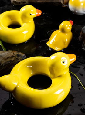 新中式陶瓷小黄鸭子水中漂浮摆件