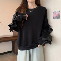 Large code Women with lotus leaf edge zipped sleeves Design Sensation Individuality Vegan Clothing Autumn Winter Fat Mm Loose hide Flesh Display Slim blouses