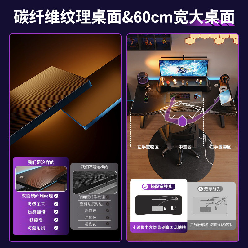 电脑桌台式家用碳纤维电竞桌椅套装卧室游戏桌子简易工作台办公桌,淘宝优惠券,粉丝福利购,淘宝优惠卷