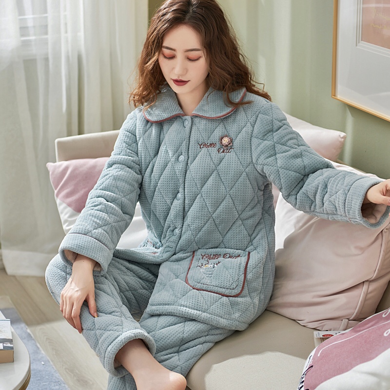 芬腾冬季睡衣女珊瑚绒夹棉袄三层加厚加绒保暖中年妈妈家居服套装