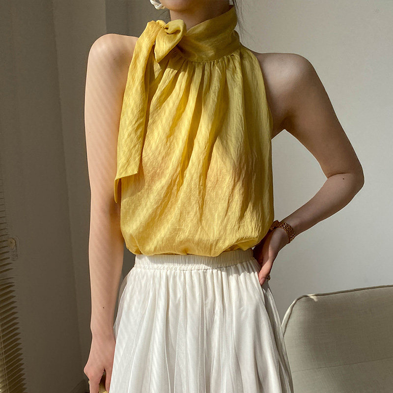 夏季挂脖绑带高级感法式天丝小衫 裙踪魅影背心吊带