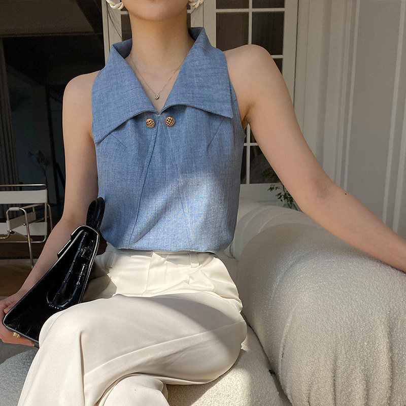 露肩无袖女夏复古气质翻领法式衬衫 裙踪魅影衬衫