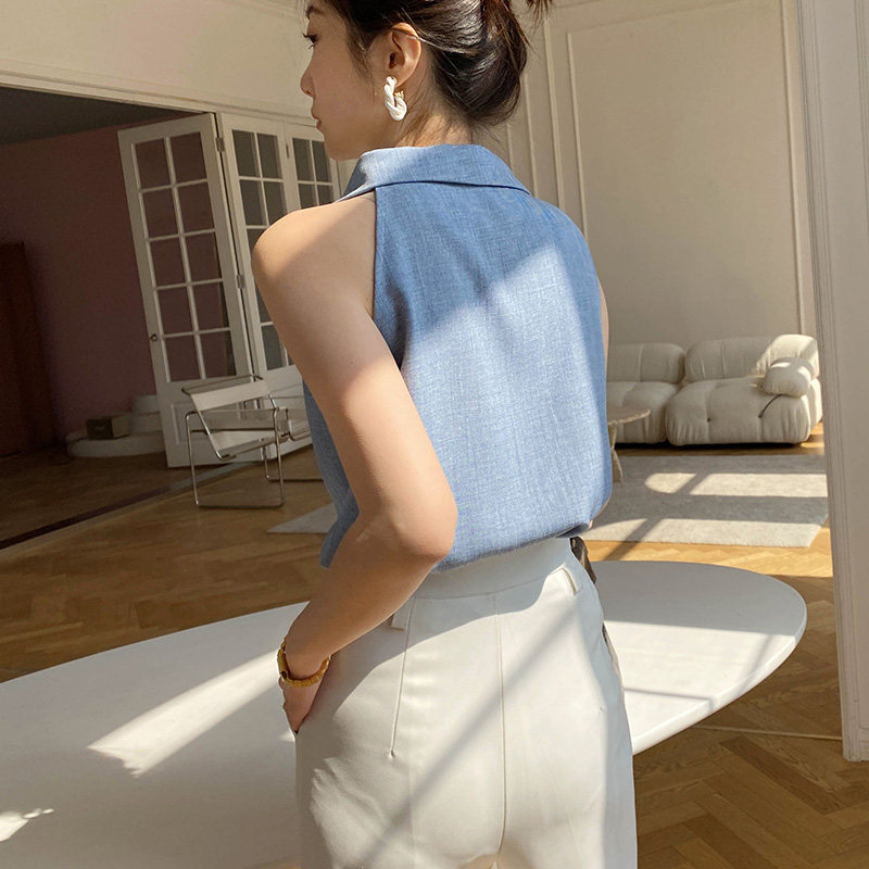 露肩无袖女夏复古气质翻领法式衬衫 裙踪魅影衬衫