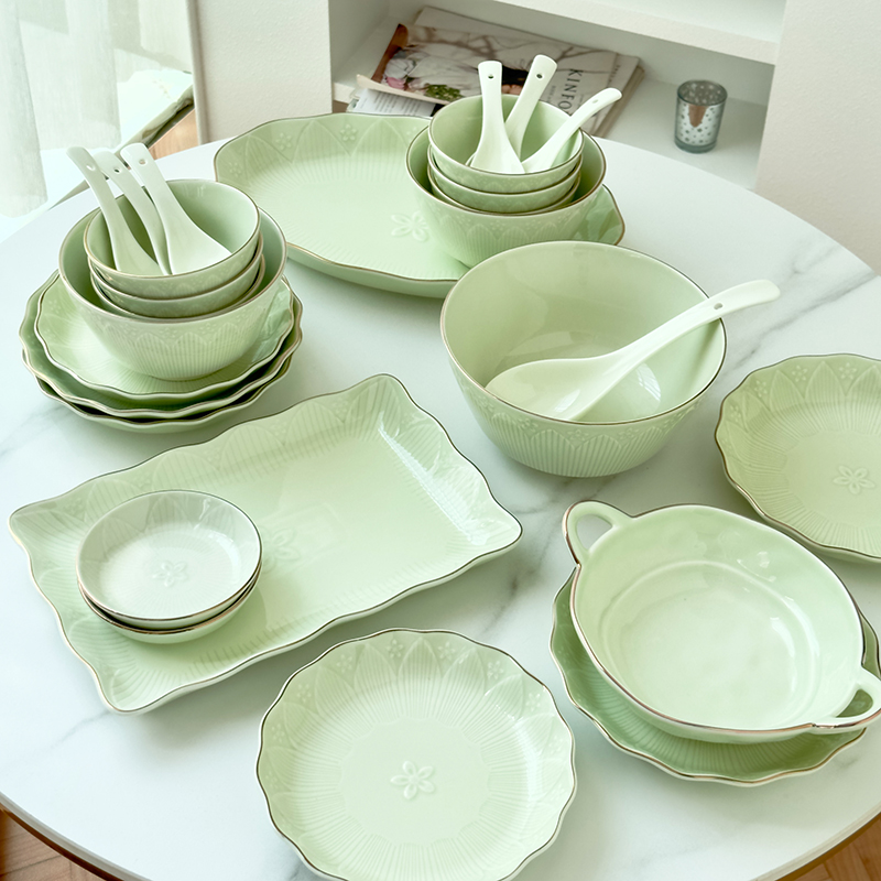 荷塘月色欧式金边碗碟餐具套装陶瓷饭碗汤面碗菜盘勺子家用组合