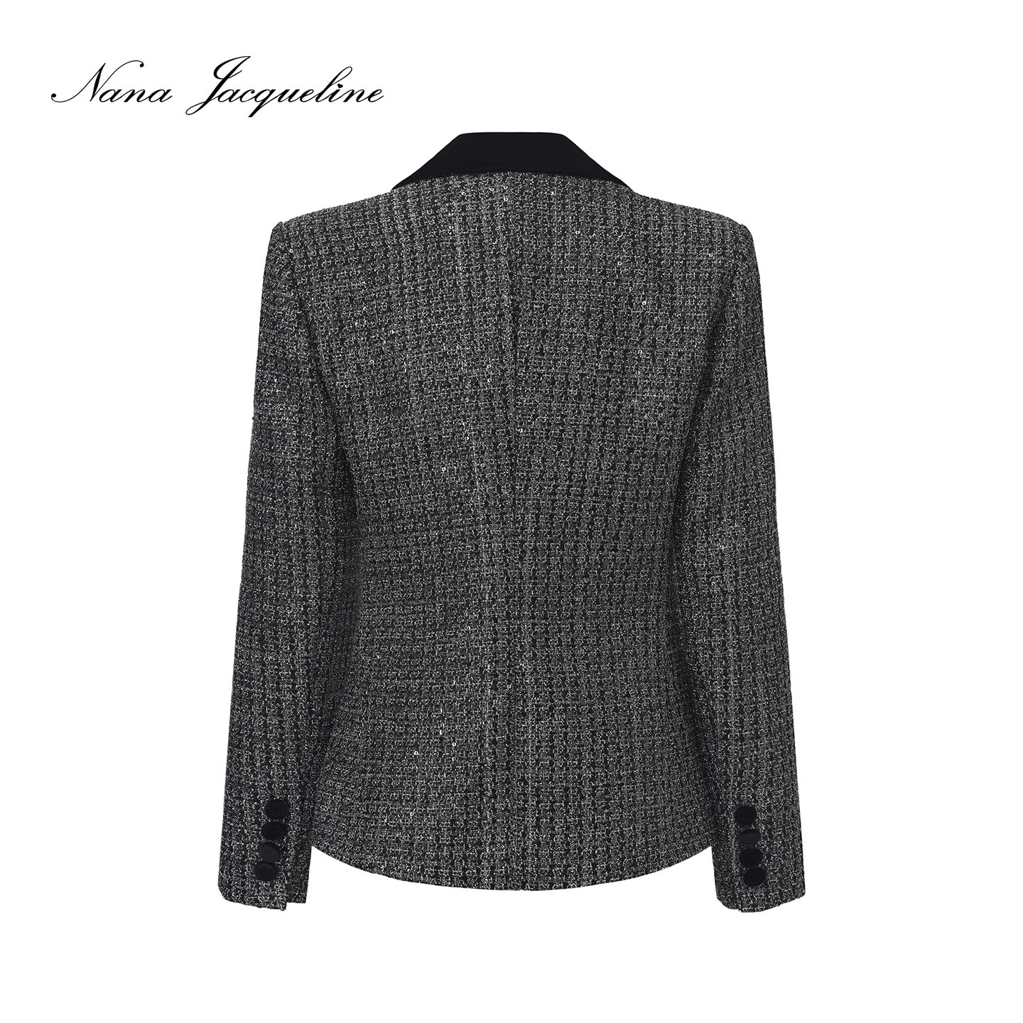 NanaJacqueline丝绒翻领拼接编织亮片外套女冬新款钻扣小香风西装,淘宝优惠券,粉丝福利购,淘宝优惠卷