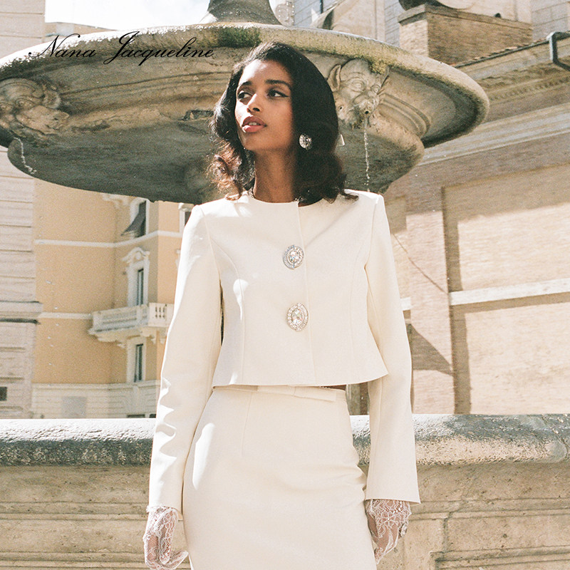 NanaJacqueline狐狸毛围脖时尚套装女品牌新款钻饰短外套弹力半裙,淘宝优惠券,粉丝福利购,淘宝优惠卷