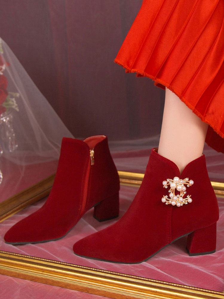 绝美婚鞋女冬季加绒粗跟高级感珍珠新娘结婚中式婚礼敬酒服红短靴