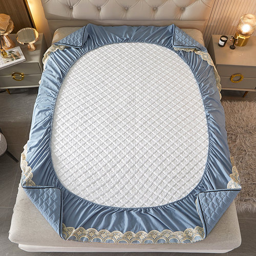 防滑加厚夹棉床笠三件套蕾丝刺绣花边床罩四季通用席梦思床垫床套 - 图1