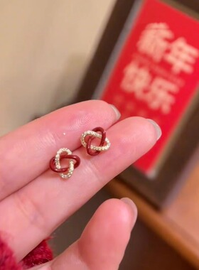 红色环绕耳钉气质耳环2025新款