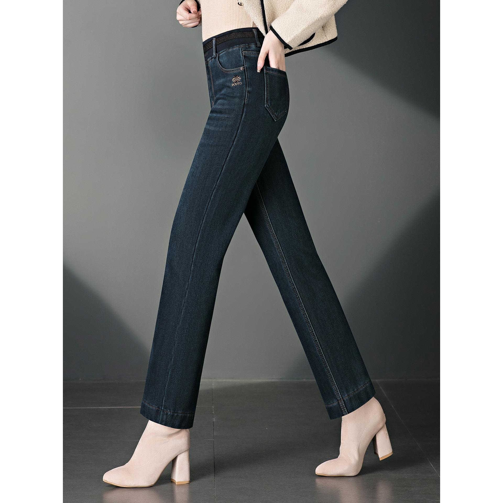 ROUMIKL时尚直筒加绒牛仔裤女士秋冬加厚保暖中年妈妈长裤高腰显 - 图1