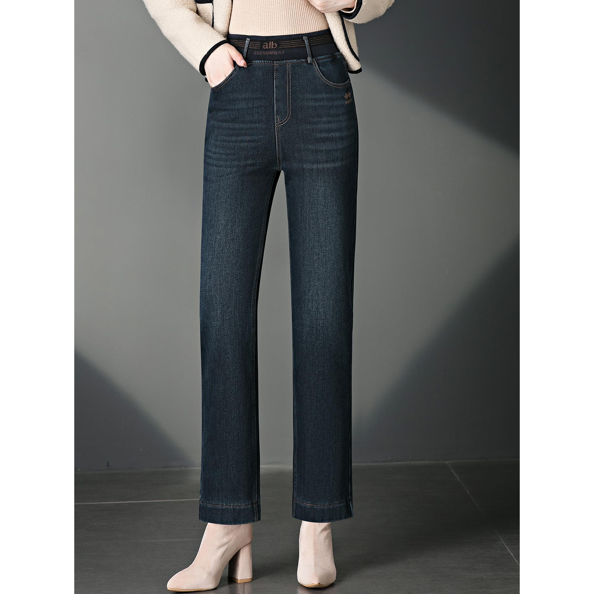 ROUMIKL时尚直筒加绒牛仔裤女士秋冬加厚保暖中年妈妈长裤高腰显 - 图0