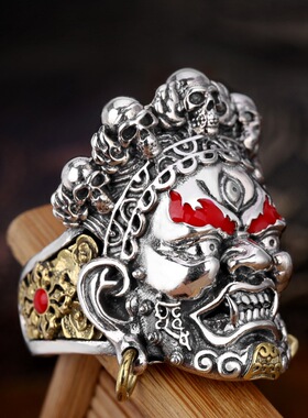 国潮民族黄财神银饰黑财神男士霸气戒指泰银大黑天复古开口