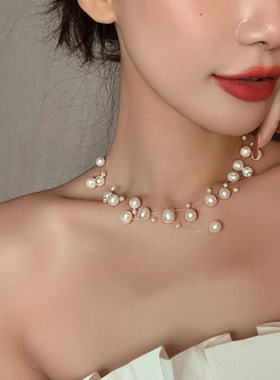 日系chrry koop珍珠多层项链法式轻奢优雅小众设计感锁骨链个性