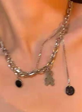 钛钢双层小熊笑脸项链女ins网红潮锁骨链时尚冷淡风毛衣链