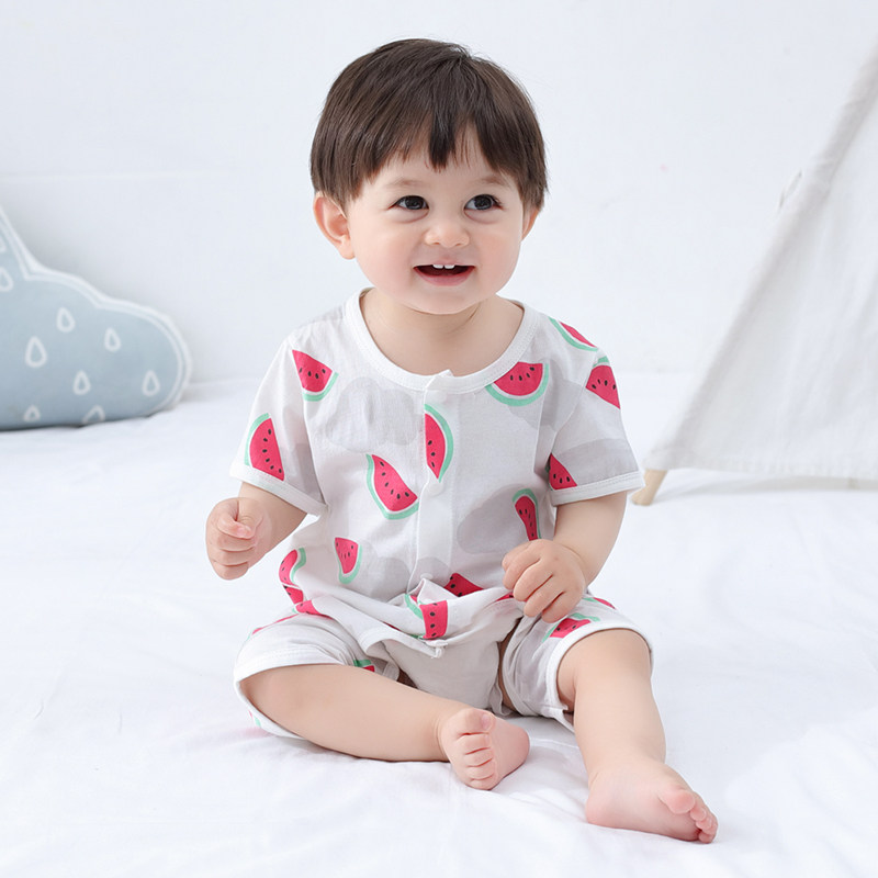 夏季短袖哈衣新生儿纯棉男女睡衣 毛豆布洛连身衣/爬服/哈衣