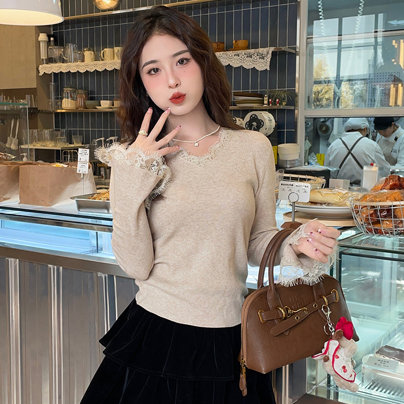 白色V领蕾丝打底衫女内搭2025秋冬新款法式薄款毛衣别致针织上衣,淘宝优惠券,粉丝福利购,淘宝优惠卷