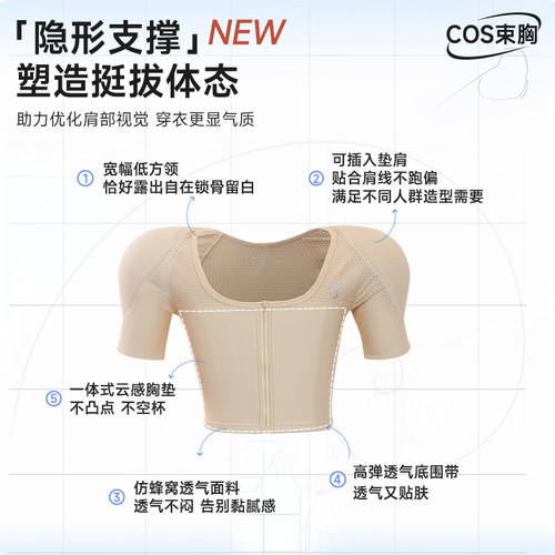宝塔双开门垫肩束胸内衣蜂窝大胸显小透气直角肩二次元cos专用U领 - 图2