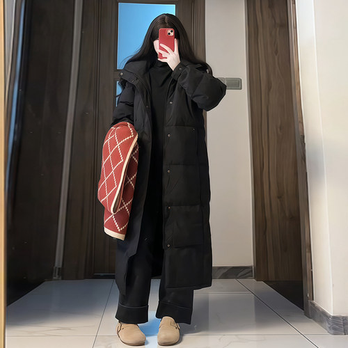黑金长款中戏学生90白鸭绒羽绒服女冬季新款宽松显瘦保暖蓄热外套 - 图2