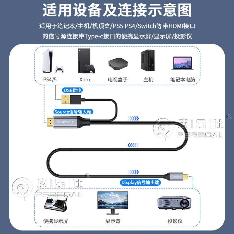 HDMI转Type-C视频线PS5 Xbox连接xreal AR眼镜雷鸟VR便携屏触摸屏