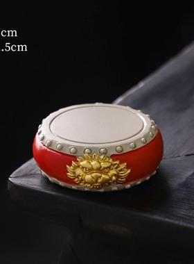 国风新中式红色圆形钟鼓工艺品摆件茶壶底座盖置博古架书房装饰品