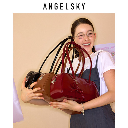 ANGELSKY腋下包女新款保龄球包蝴蝶结小众法棍包红色包包原创婚包 - 图1