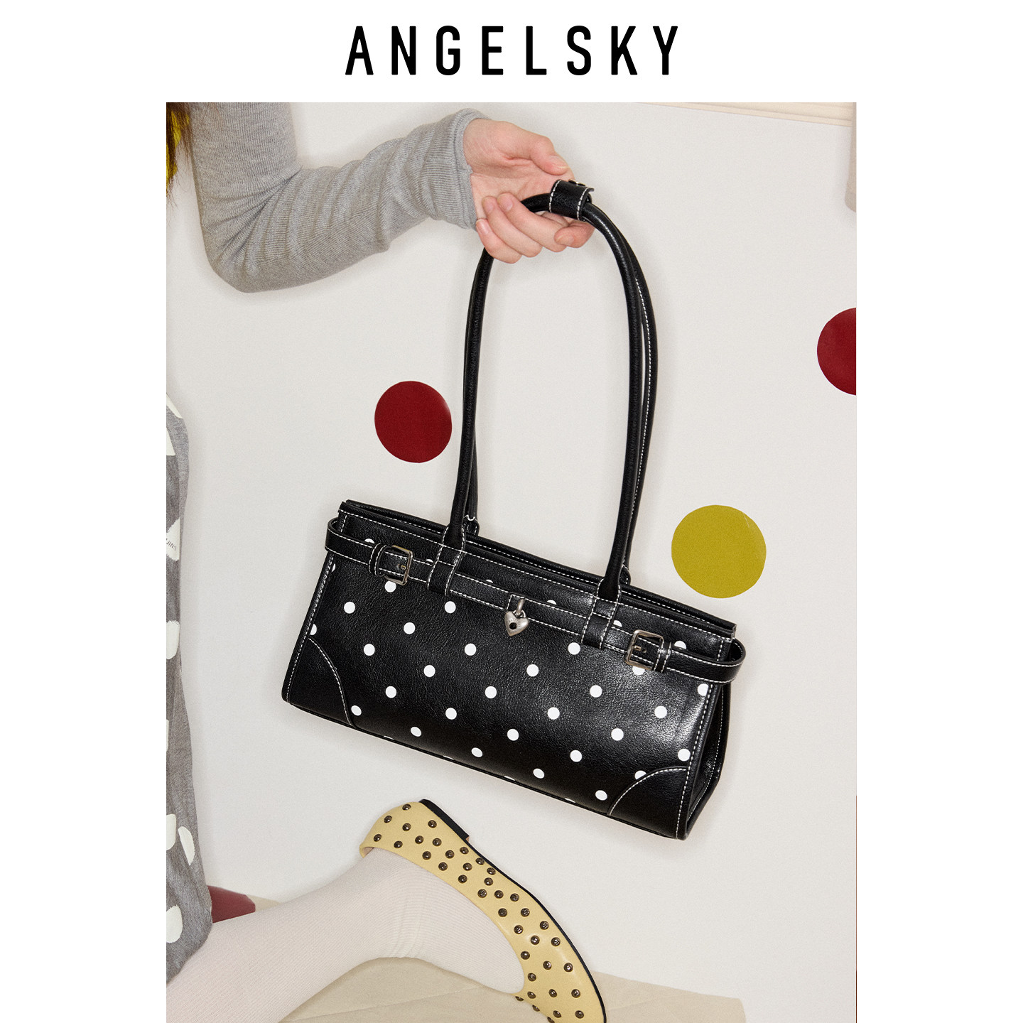 ANGELSKY原创设计法棍包单肩腋下包黑色波点包韩系机车包小众轻奢,淘宝优惠券,粉丝福利购,淘宝优惠卷