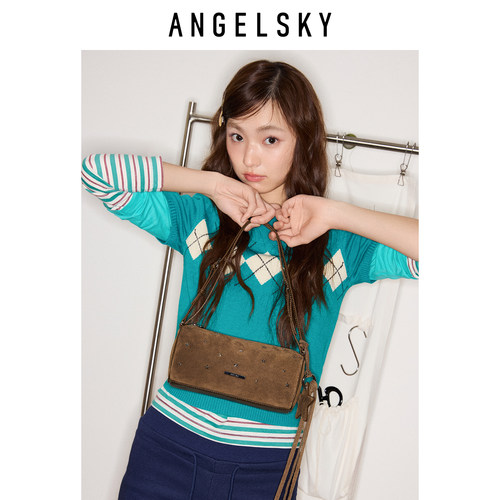 ANGELSKY原创设计手提包单肩棕色麂皮包腋下包流苏包包红色小号 - 图2