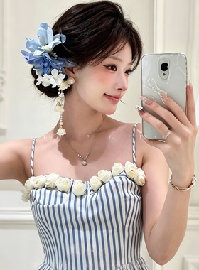 海边蓝色度假风花朵发夹女