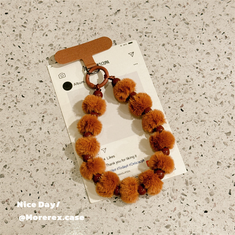 Morerex秋冬手机挂绳毛绒球串珠手链短款手提链毛茸茸挂件串珍珠手串钥匙扣防丢链手机壳吊绳防掉女创意新款,淘宝优惠券,粉丝福利购,淘宝优惠卷