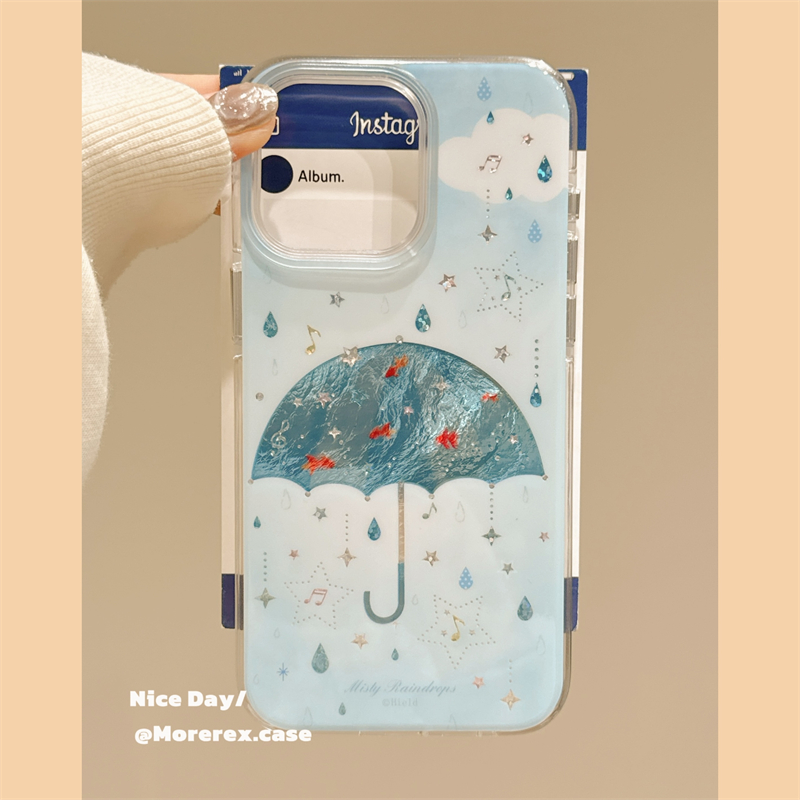 MoreRex ins小众设计清爽闪钻雨滴音符金鱼雨伞适用苹果15手机壳iphone16promax新款14女款13防摔保护套16pro - 图0