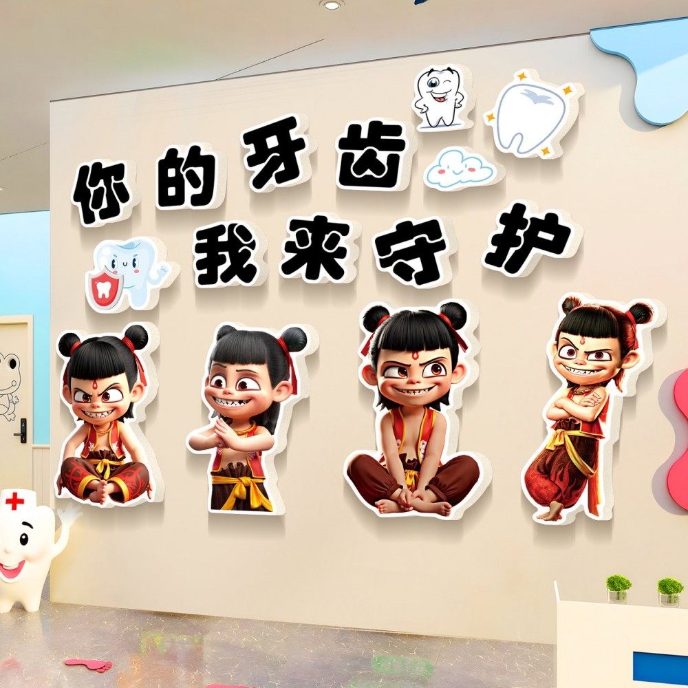 口腔诊所墙面装饰儿童牙科宣传挂画医院哪吒卡通文化墙贴创意海报,淘宝优惠券,粉丝福利购,淘宝优惠卷
