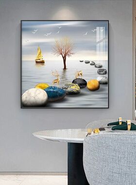 轻奢客厅装饰画单幅现代简约餐厅挂画方的进门玄关墙面壁画招财鹿