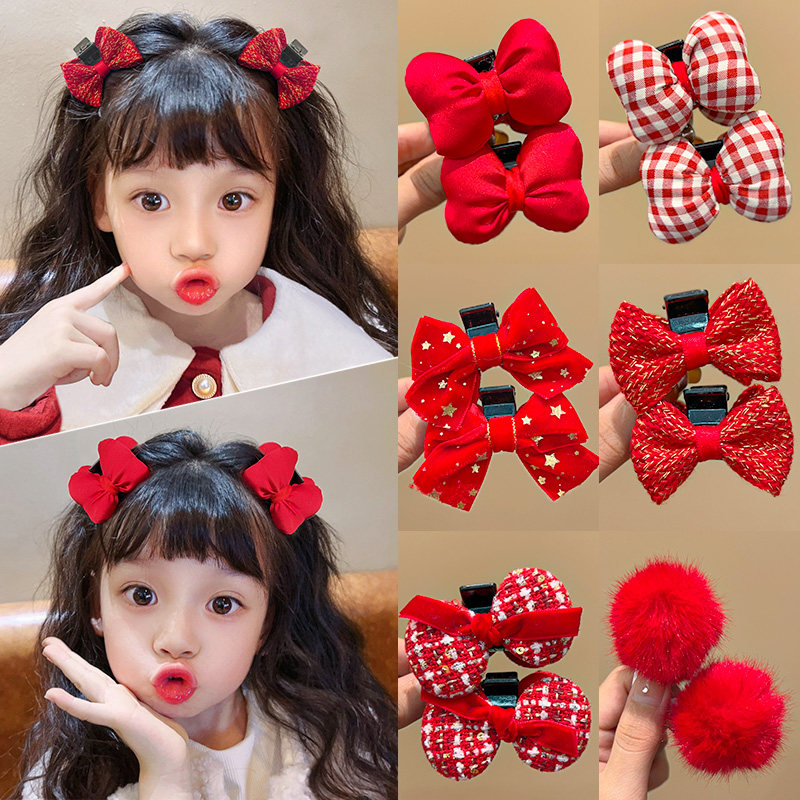 蝴蝶结抓夹儿童公主头对夹新年刘海碎发夹红色拜年头饰女童发卡子 - 图0