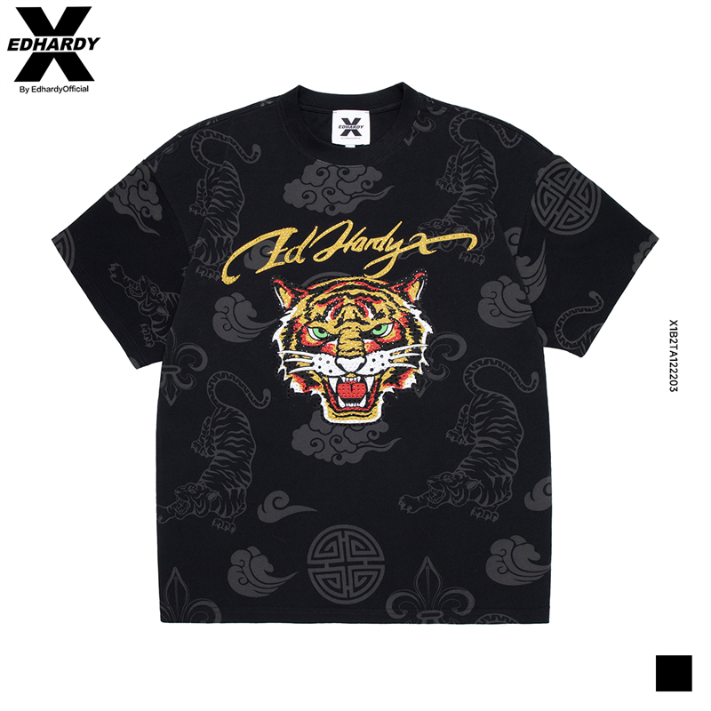 Ed Hardy X2024新款夏季老虎头印花拔印烫仿钻休闲韩版潮流T恤衫 - 图2